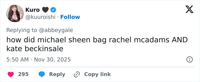 Tweet about Michael Sheen's dating history mentioning Rachel McAdams and Kate Beckinsale, surprising fans online.