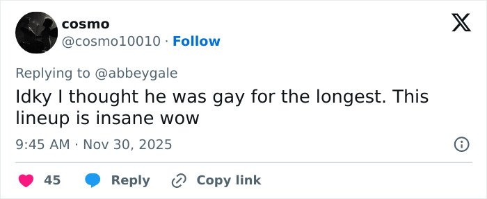 Tweet reacting to Michael Sheen’s dating history, describing the lineup as insane and expressing surprise.