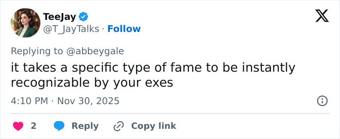 Tweet from TeeJay commenting on fame and exes, related to Michael Sheen's dating history and fan reactions.