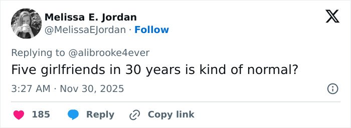 Tweet discussing Michael Sheen’s dating history, questioning the normalcy of having five girlfriends in 30 years.