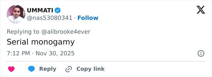 Tweet by user UMMATI replying to a comment with the phrase serial monogamy, related to Michael Sheen's dating history.