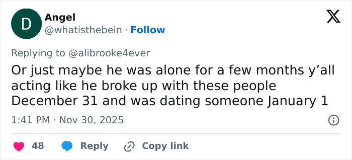 Tweet from user Angel discussing Michael Sheen’s dating history and public reactions to his relationships timeline.