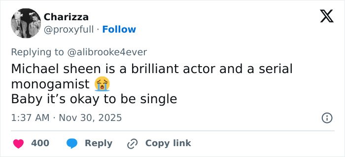 Tweet praising Michael Sheen as a brilliant actor and serial monogamist, comforting fans about his dating history.