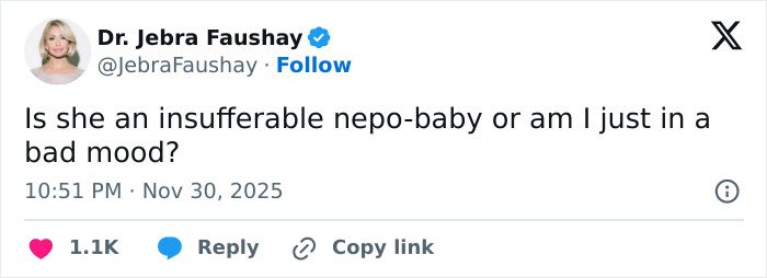 Screenshot of a tweet criticizing Apple Martin as an insufferable nepo-baby amid her self-portrait modeling campaign announcement.