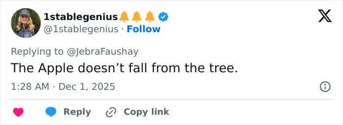 Tweet from user 1stablegenius replying to @JebraFaushay about Apple Martin's modeling campaign controversy.
