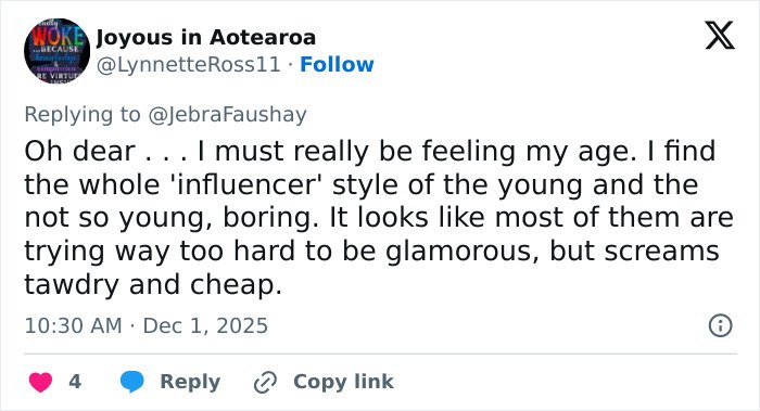 Tweet criticizing influencer style as tawdry and cheap, mentioning Apple Martin nepo-baby modeling campaign backlash.
