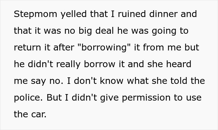 Text excerpt about woman refusing permission for half-brother to use her car causing family conflict.