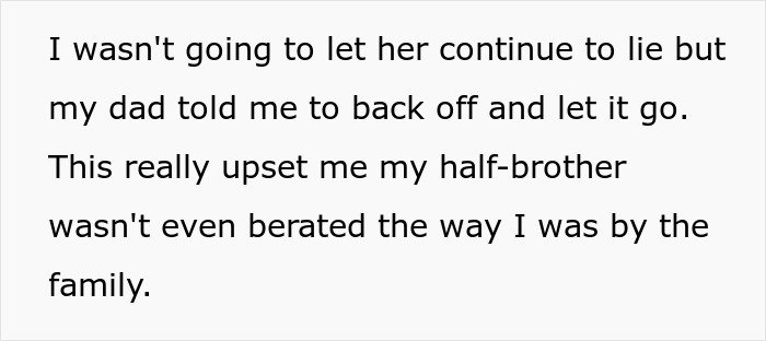 Text excerpt showing family conflict over half-brother involved in stealing car and resulting arrest situation.