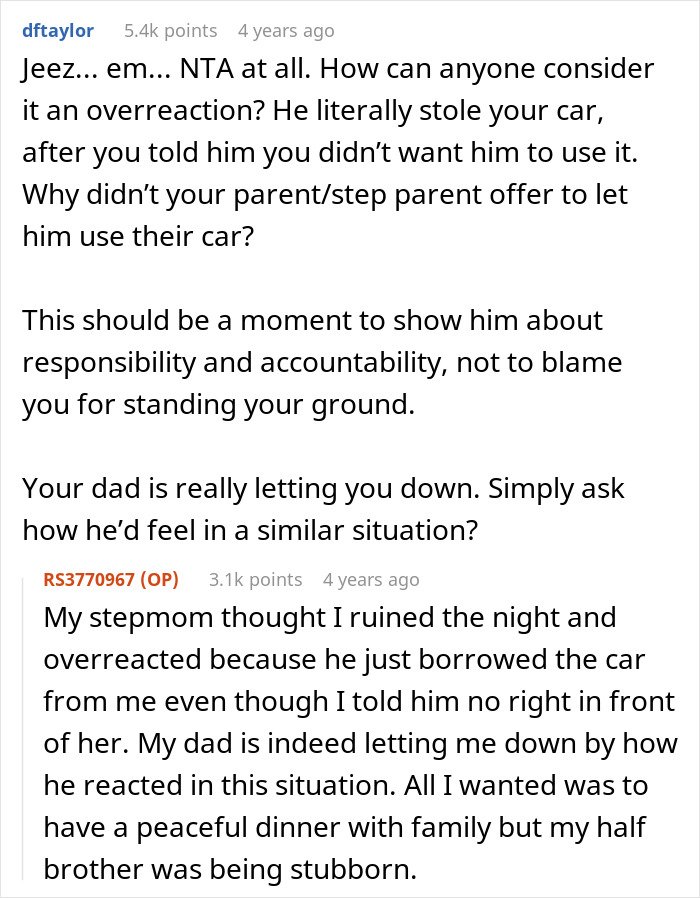 Reddit comments discussing family conflict over woman’s half-brother stealing her car and the arrest fallout.
