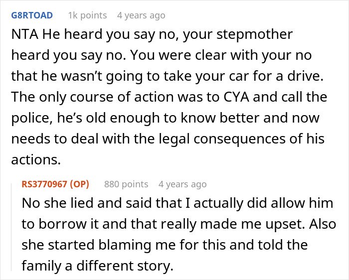 Reddit conversation discussing family conflict over woman having half-brother arrested for stealing her car.