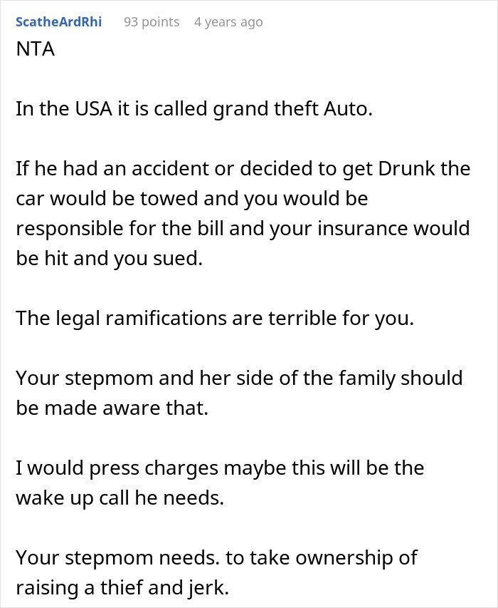 Comment discussing legal issues and family conflict after woman has half-brother arrested for stealing her car.