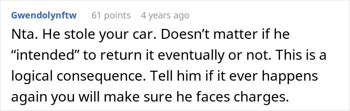 Screenshot of a forum comment supporting a woman whose family turned on her after her half-brother stole her car.