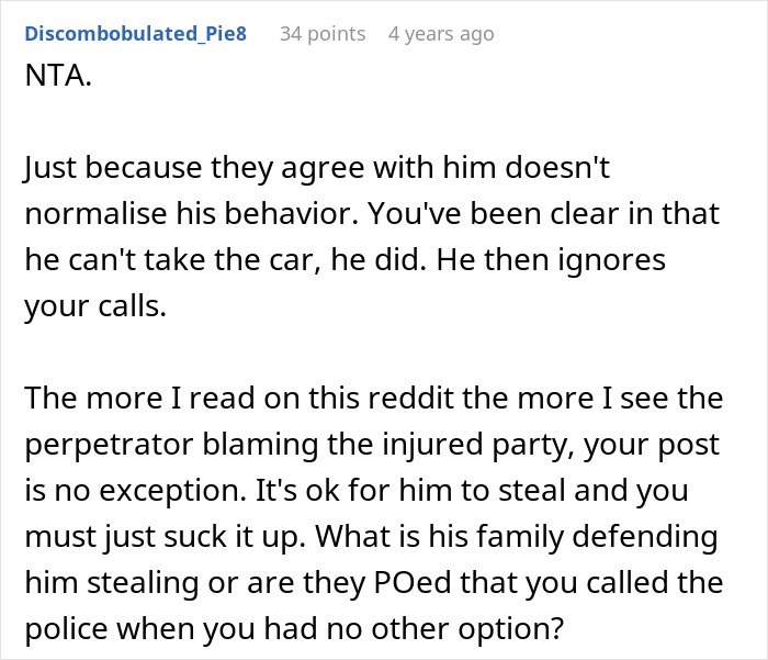 Reddit user discusses family turning on woman after her half-brother was arrested for stealing her car.