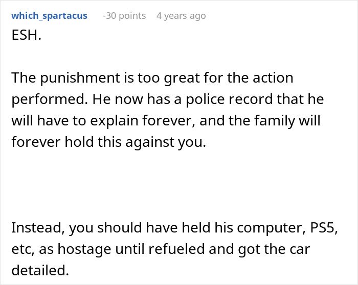 Reddit comment discussing family conflict after woman had half-brother arrested for stealing her car.
