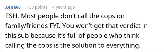 Reddit comment discussing family conflict over woman having half-brother arrested for stealing her car.