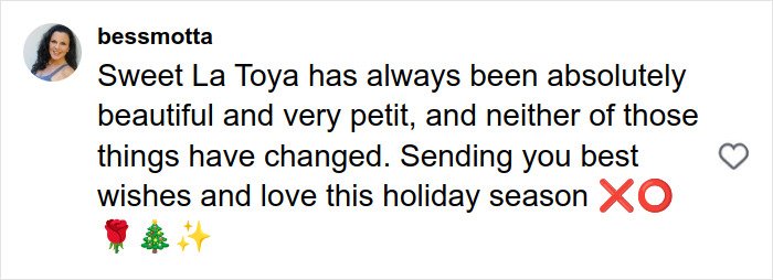 Comment expressing support for La Toya Jackson’s slim appearance amid possible health issues during the holiday season.