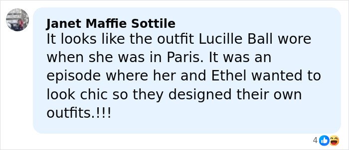 Social media comment comparing Rihanna’s red carpet look to Lucille Ball’s Paris outfit, sparking wild reactions.