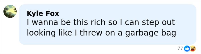 Comment about someone wanting to look rich but appearing as if wearing a garbage bag, reflecting wild reactions to diaper bag look.