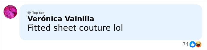Comment reading fitted sheet couture lol with emojis reacting, discussing wild reactions to Rihanna’s red carpet look.