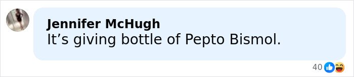 Screenshot of a Facebook comment by Jennifer McHugh saying It’s giving bottle of Pepto Bismol about Rihanna’s red carpet look.