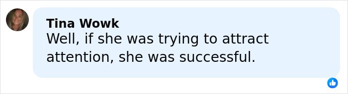 Comment by Tina Wowk reacting to Rihanna’s red carpet look, noting successful attention attraction.