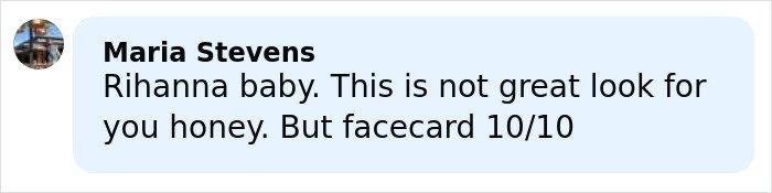 Screenshot of a social media comment reacting to Rihanna’s red carpet look with mixed opinions and a mention of a diaper bag.