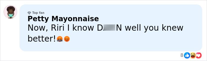 Social media comment reacting to Rihanna’s red carpet look with impressions of a diaper bag reference.