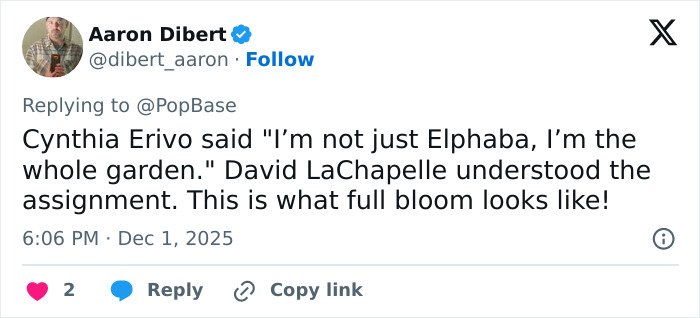 Tweet by Aaron Dibert discussing Cynthia Erivo’s impact and full bloom appearance amid Wicked For Good success.