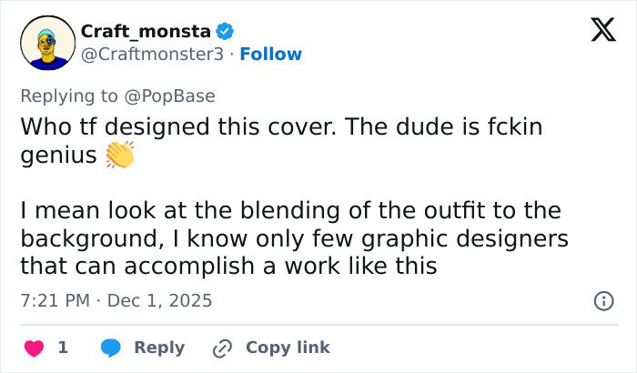 Tweet praising the genius graphic design behind Cynthia Erivo's magazine cover blending outfit and background seamlessly.