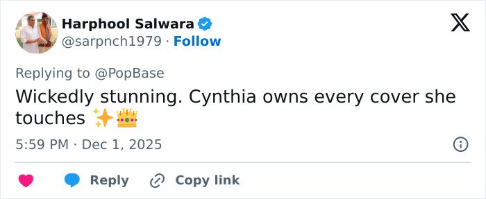 Tweet praising Cynthia Erivo’s new magazine cover amid Wicked For Good success with emojis highlighting her impact.