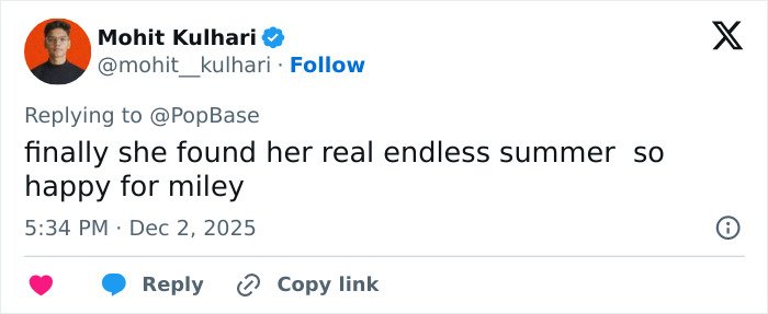 Tweet from Mohit Kulhari expressing happiness for Miley Cyrus's engagement with Maxx Morando amid mixed reactions.
