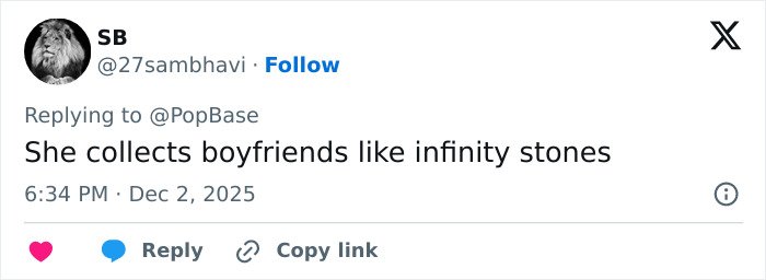 Tweet from user SB commenting on Miley Cyrus and Maxx Morando's engagement, mentioning collecting boyfriends like infinity stones.
