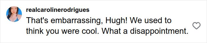 Fan's negative comment about Hugh Jackman amid divorce controversy and red carpet appearance with new girlfriend Sutton Foster.