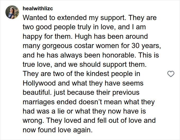 Comment supporting Hugh Jackman amid divorce controversy, praising his love life and new relationship with Sutton Foster.