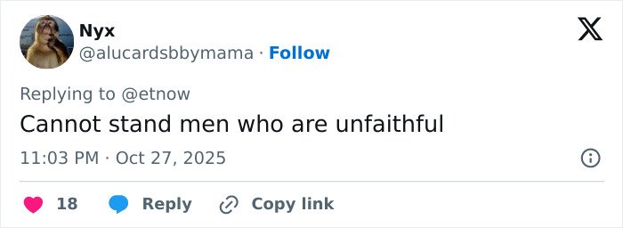 Tweet from user Nyx expressing anger at unfaithful men following Hugh Jackman’s red carpet appearance with Sutton Foster.