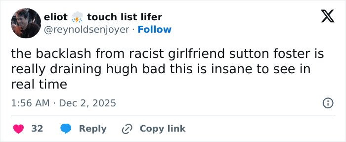 Tweet criticizing Hugh Jackman’s new girlfriend Sutton Foster amid divorce controversy, sparking fan backlash online.