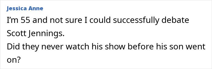 Text message from Jessica Anne discussing Scott Jennings and his son’s debate performance in a casual conversation.