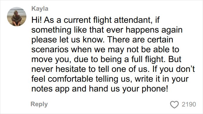 Comment from a flight attendant advising passengers on handling uncomfortable situations and reporting body-shaming incidents on flights.