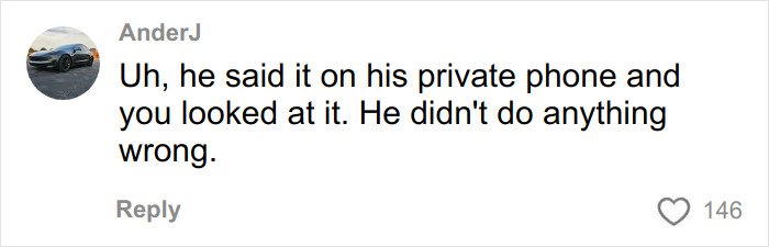 Comment on social media reading he said it on private phone and didn’t do anything wrong in a body-shaming flight incident discussion.