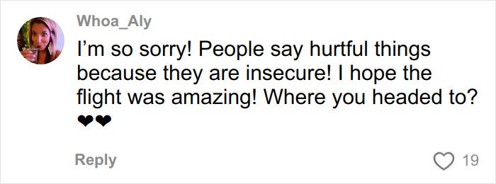 Comment expressing sympathy after woman breaks down in tears on flight due to seatmate’s body-shaming text incident.