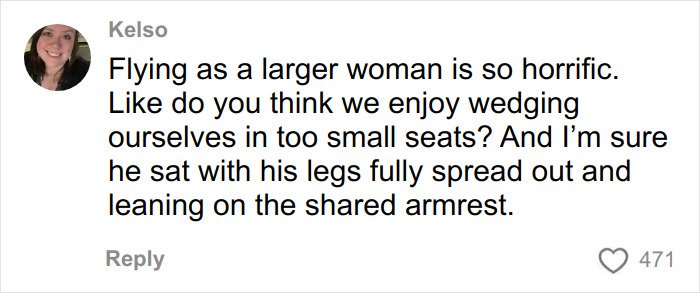 Tweet by Kelso discussing the challenges of flying as a larger woman and dealing with small airplane seats.