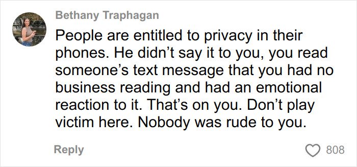 Social media comment discussing privacy and emotional reaction after reading seatmate's body-shaming text on flight.