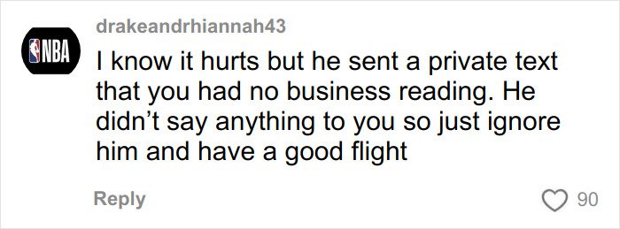 Comment expressing sympathy after woman breaks down in tears on flight over seatmate's body-shaming text message.