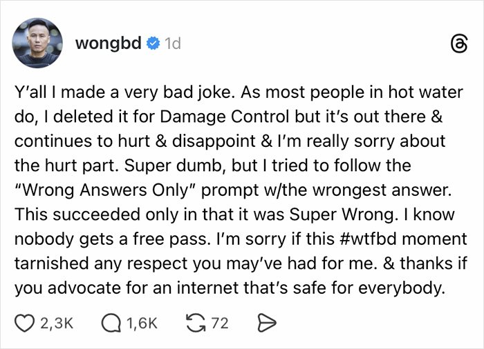 BD Wong issues groveling apology on social media after racist comment meant as a joke sparks backlash.