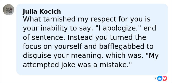 Comment from Julia Kocich criticizing BD Wong’s apology over a racist comment intended as a joke.