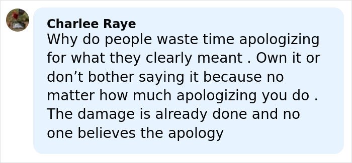 Comment by Charlee Raye criticizing apologies and expressing skepticism about their sincerity after a racist comment apology.