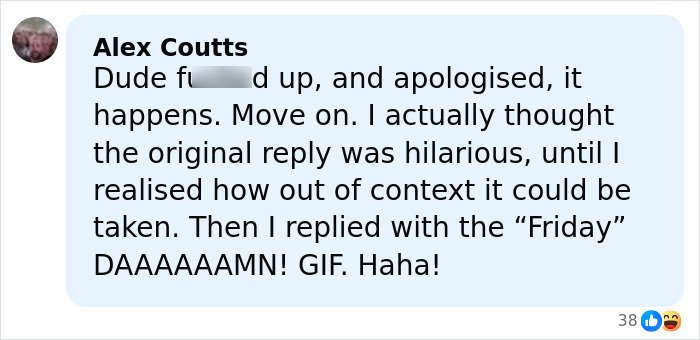 Screenshot of a social media comment discussing BD Wong’s groveling apology after a racist comment meant as a joke.