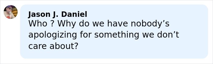 Screenshot of a social media comment questioning the need for apologies related to Jurassic World star BD Wong's racist comment incident.