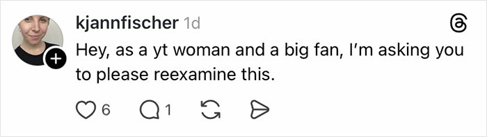 Screenshot of a social media comment from kjannfischer requesting reexamination of a controversial topic involving Jurassic World star BD Wong.