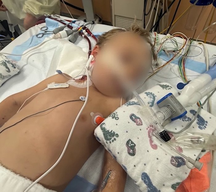 Child in hospital bed connected to medical devices after dad's disturbing behavior on mountain revealed through heartbreaking words.